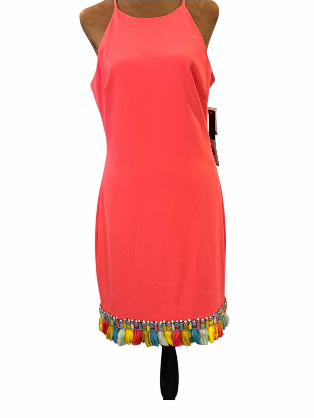 BADGLEY MISCHKA Halter Neck Sheath Dress Watermelon Sz 8 NEW‎ $495 Beaded Fringe
